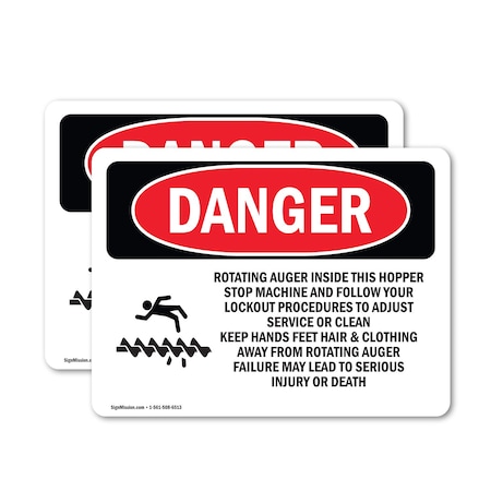 Signmission Rotating Auger Inside This Hopper Danger Sign, Vinyl Decal, 18in W x 12in L, 2PK OS-2PACK-DS-D-1218-L-2437